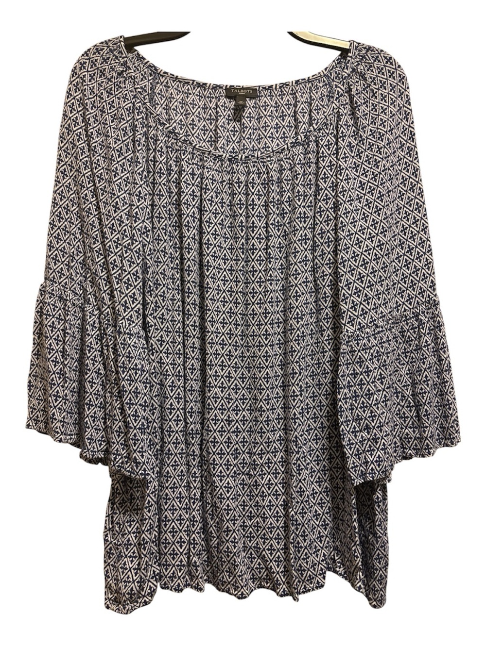 Talbots Navy and White Geometric Peasant Blouse Women’s 1X